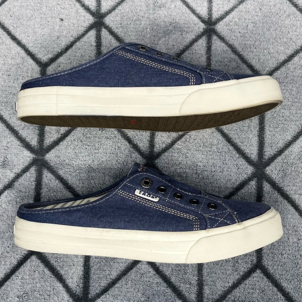 Taos Footwear Slip-in Mules Blue Canvas EZ Soul Shoes Open Heel Sneakers - Picture 3 of 9